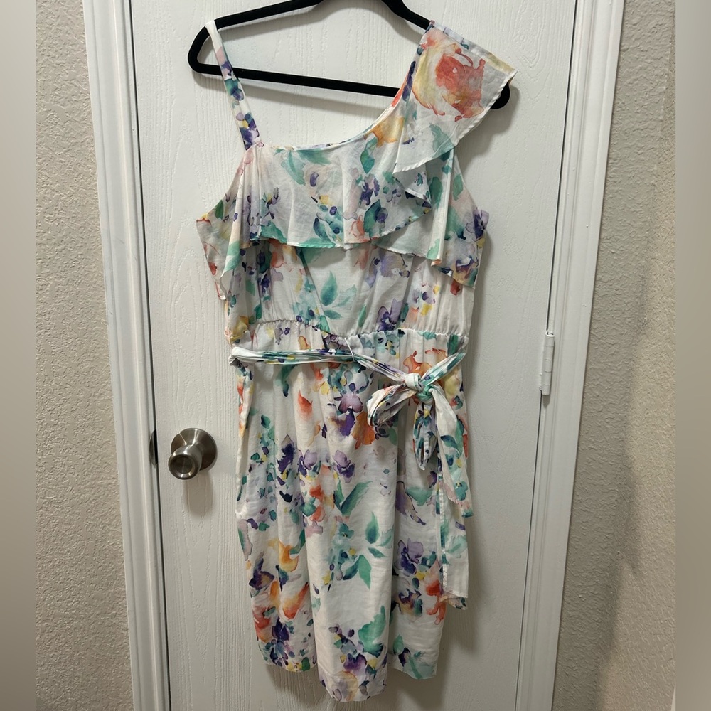 Calvin Klein One Shoulder Sheath White Multicolor Floral 100% Cotton Dress Sz 12 - Picture 3 of 9